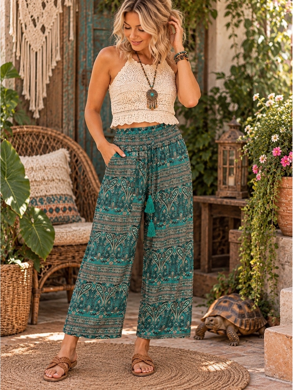 1270 NWT VDJ Bohemian Small Wide Leg Printed Crop 22” inseam Pants Teal A0001270